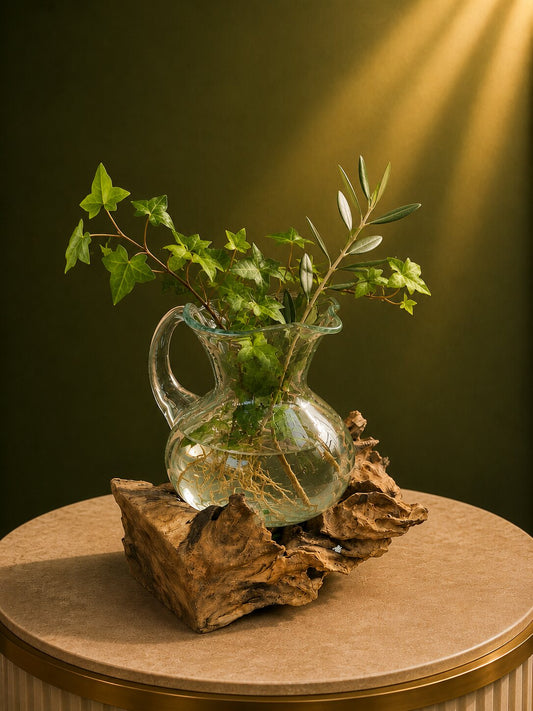 Olienne — Molten Glass Pitcher on Teak Driftwood Terrarium